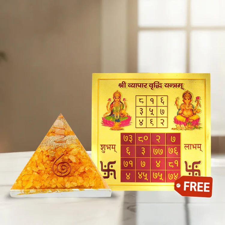 Citrine Crystal Pyramid with FREE Vyapaar Vridhi Yantra — For Prosperity, Business Growth & Success Energy