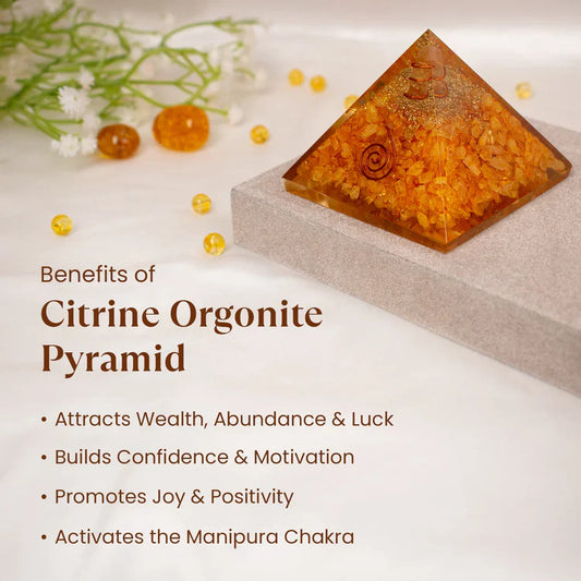 Citrine Crystal Pyramid with FREE Vyapaar Vridhi Yantra — For Prosperity, Business Growth & Success Energy