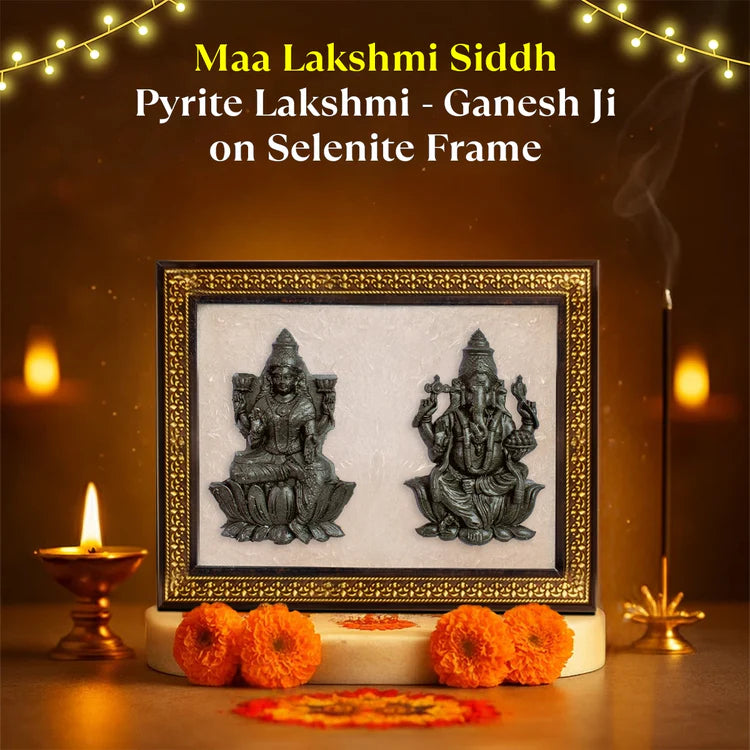Maa Lakshmi Siddh Pyrite Lakshmi–Ganesh Ji on Selenite Frame — For Divine Blessings, Prosperity & Positive Energy