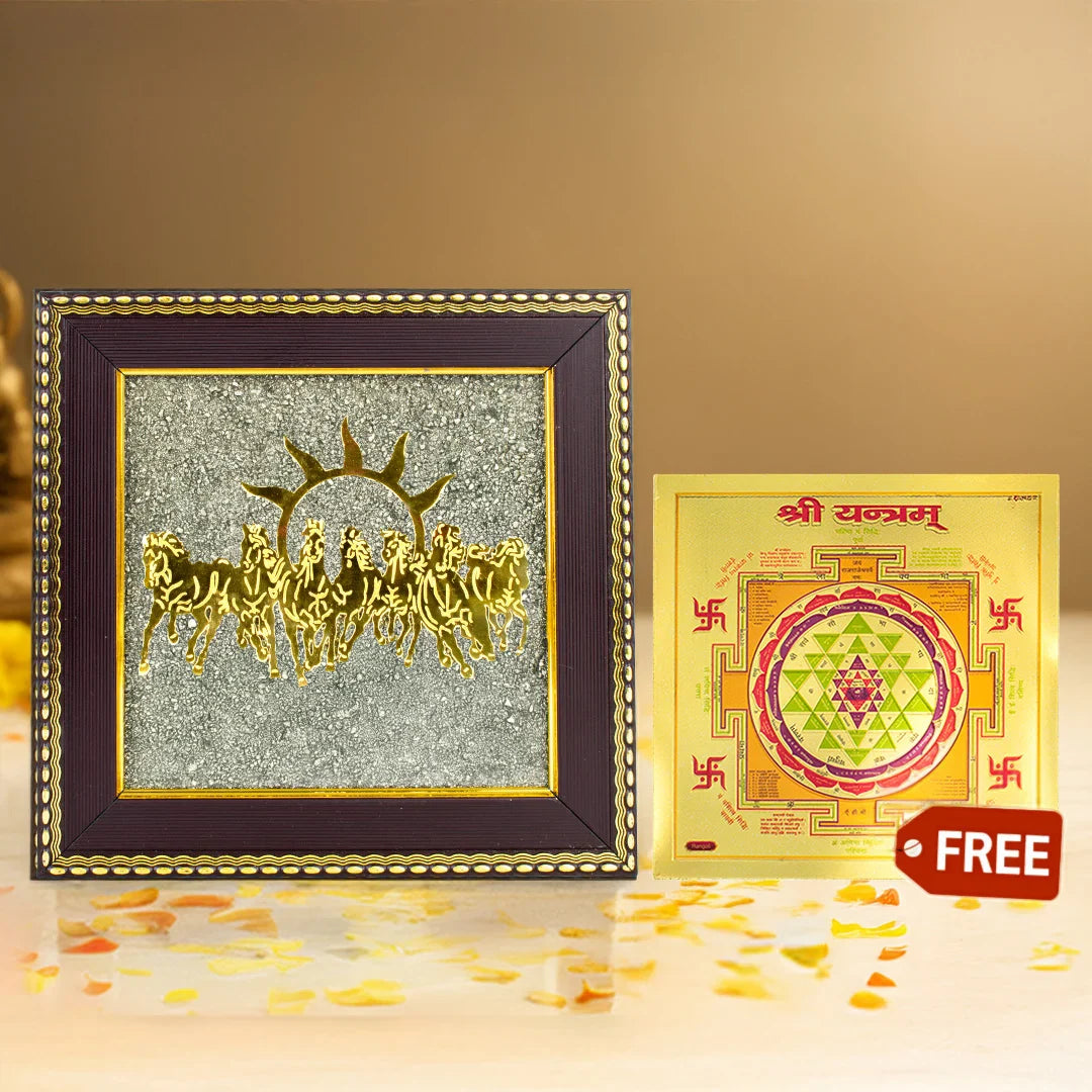 7 Horses on Raw Pyrite Frame with FREE Shree Yantra — Symbol of Speed, Prosperity & Victory