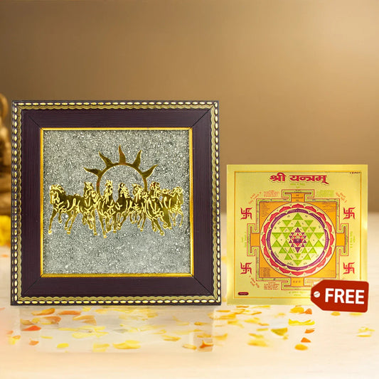 7 Horses on Raw Pyrite Frame with FREE Shree Yantra — Symbol of Speed, Prosperity & Victory