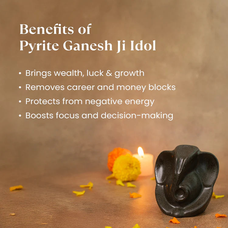 Pyrite Ganesh Ji Idol with FREE Raw Selenite Plate — For Prosperity, Protection & Positive Energy