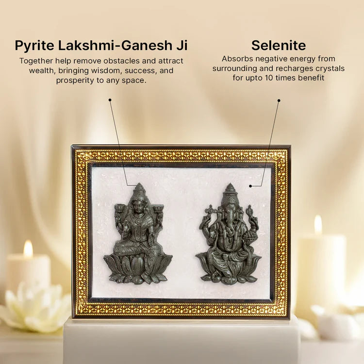 Maa Lakshmi Siddh Pyrite Lakshmi–Ganesh Ji on Selenite Frame — For Divine Blessings, Prosperity & Positive Energy