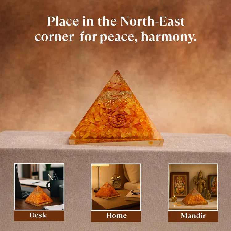 Citrine Crystal Pyramid with FREE Vyapaar Vridhi Yantra — For Prosperity, Business Growth & Success Energy