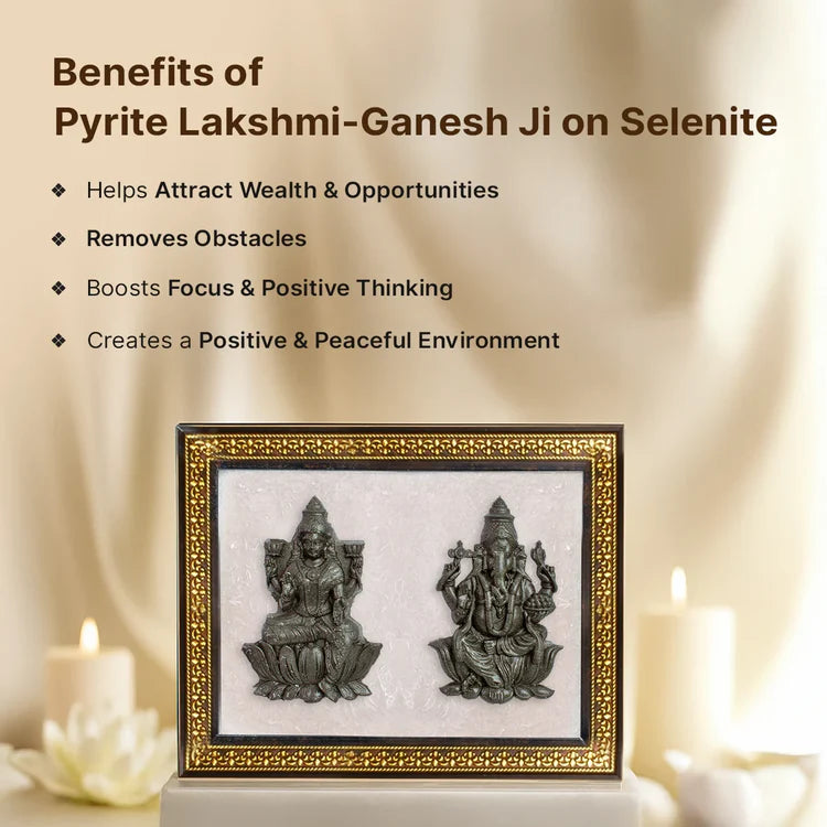 Maa Lakshmi Siddh Pyrite Lakshmi–Ganesh Ji on Selenite Frame — For Divine Blessings, Prosperity & Positive Energy