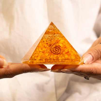 Citrine Crystal Pyramid with FREE Vyapaar Vridhi Yantra — For Prosperity, Business Growth & Success Energy